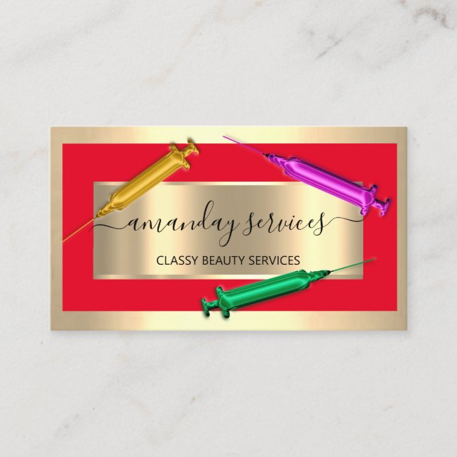 Tarjeta De Visita Cosmetólogo Jeringa Botox B12 QRCode Oro Rojo (Anverso)