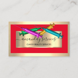 Tarjeta De Visita Cosmetólogo Jeringa Botox B12 QRCode Red Golden