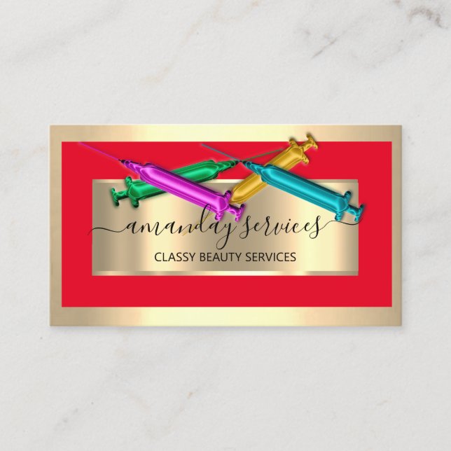 Tarjeta De Visita Cosmetólogo Jeringa Botox B12 QRCode Red Golden (Anverso)