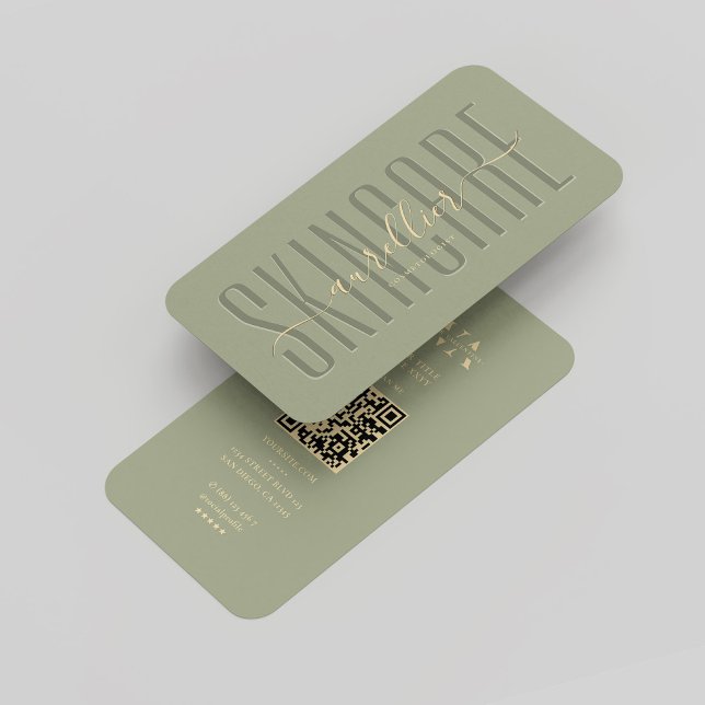 Tarjeta De Visita Cosmetólogo monograma guión sage guión moderno (Monogram Cosmetologist Sage Gold Script Modern Business Card
)