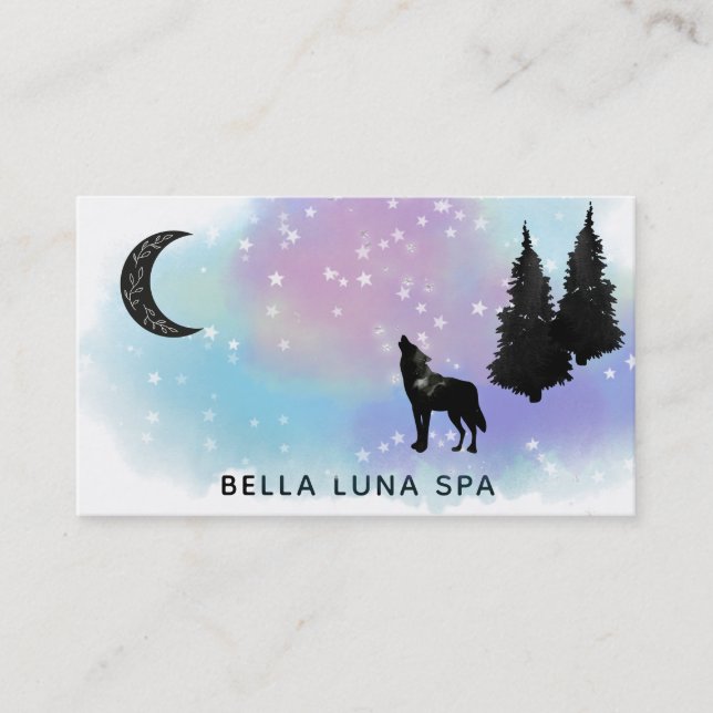 Tarjeta De Visita *~* Cosmic Moon Howling Wolf Rainbow Pine Trees (Anverso)