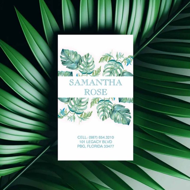 Tarjeta De Visita Costera de las hojas de palmera botánicas de moda (Tropical business cards watercolor monstera palm leaves by Victoria Grigaliunas Do Tell A Belle)