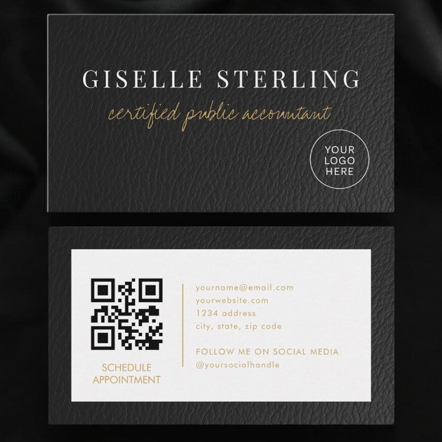 Tarjeta De Visita CPA Accountant Tax Faux Leather Logo QR Code (Subido por el creador)