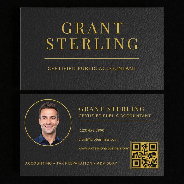 Tarjeta De Visita CPA Tax Preparer Accountant Faux Leather QR Code (Subido por el creador)