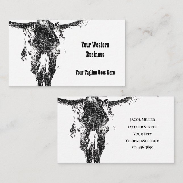 Tarjeta De Visita Cráneo De Toro Rústico Blanco Y Negro Occidental (Anverso / Reverso)