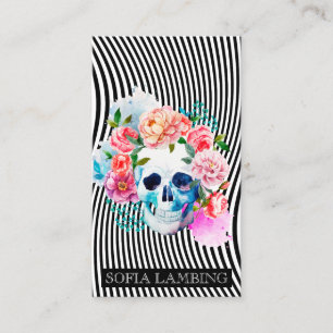 Tarjeta De Visita Cráneo floral de la acuarela con las rayas