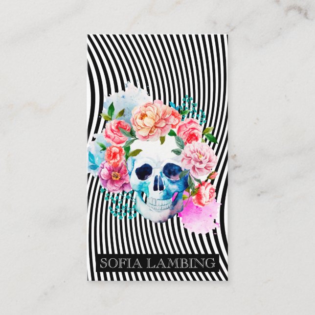 Tarjeta De Visita Cráneo floral de la acuarela con las rayas (Anverso)