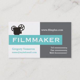 Tarjeta De Visita Creador de cine gris, blanco, aqua llamativo