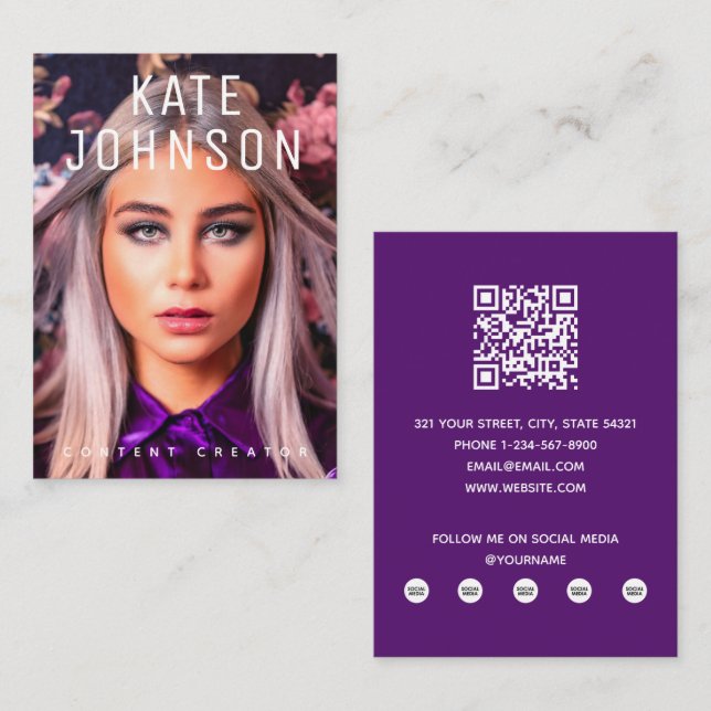 Tarjeta De Visita Creador de contenido Influencer Foto Purple Modern (Anverso / Reverso)
