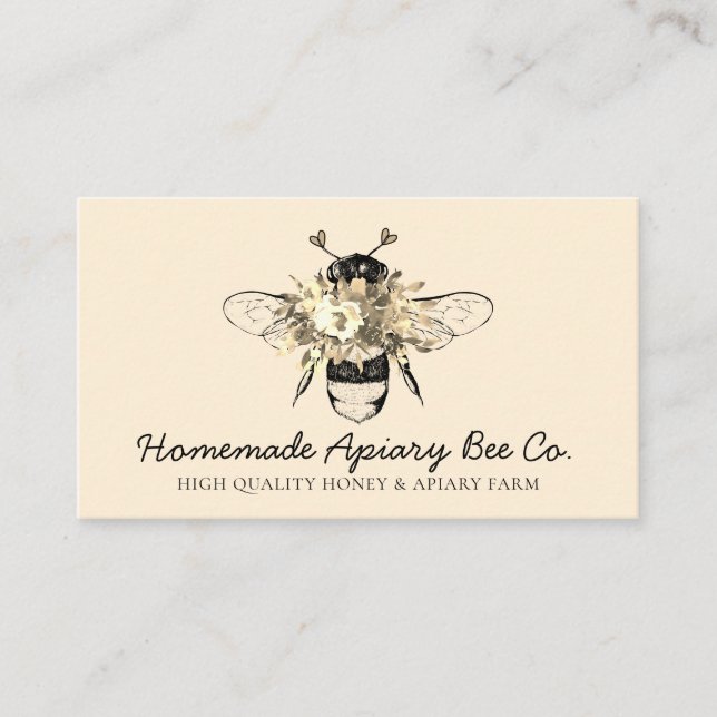 Tarjeta De Visita Cream Classy Heart Gold Floral Apiary Apiary Bee (Anverso)