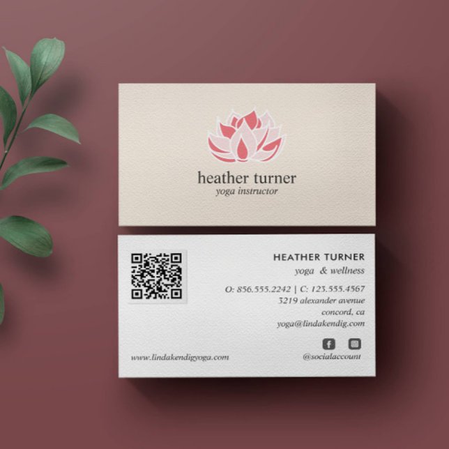 Tarjeta De Visita Cream QR CODE wellness spa masaje yoga (LOTUS FLOWER THEMED BUSINESS CARD WITH QR CODE AND SOCIAL ICONS)