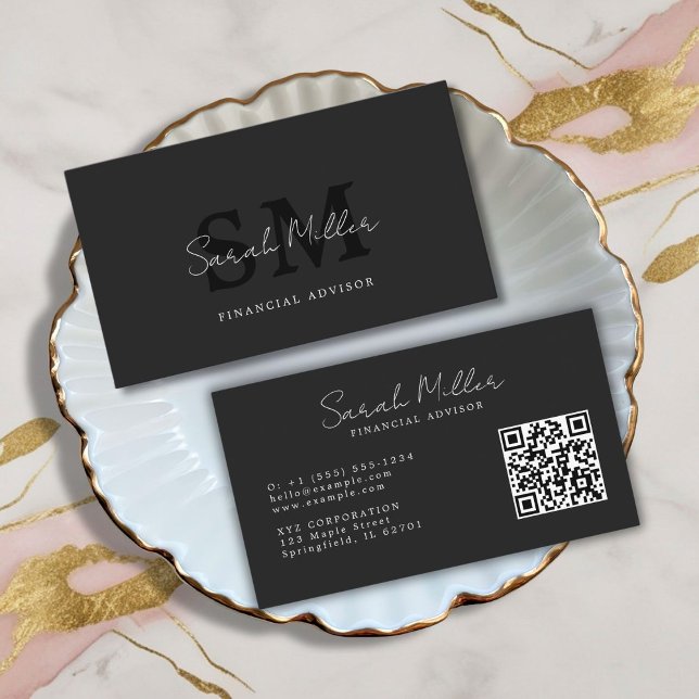 Tarjeta De Visita Crear su propio código QR negro (create your own monogram initials professional qr code business card)