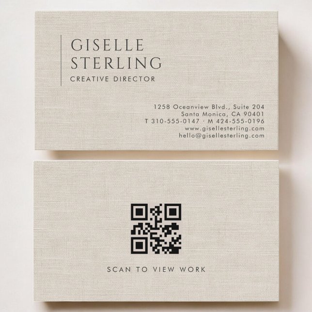 Tarjeta De Visita Creative Director Luxury Neutral Linen QR Code (Subido por el creador)
