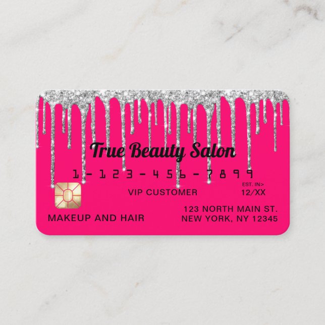 Tarjeta De Visita Crédito de moda Neon Pink Silver Purpurina Dris (Anverso)