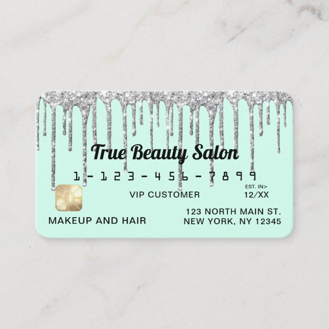 Tarjeta De Visita Crédito por Purpurinas Pastel Mint Green Silver (Anverso)
