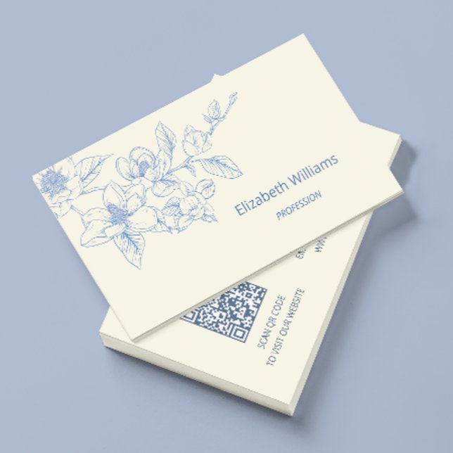 Tarjeta De Visita Crema azul floral moderna Magnolia | Código QR (Subido por el creador)