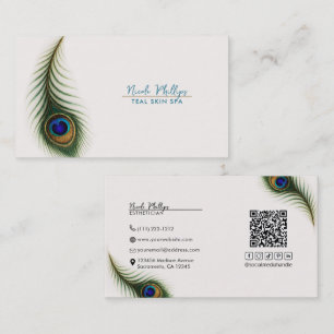Tarjeta De Visita Crema de pluma de pavo real Boho elegante