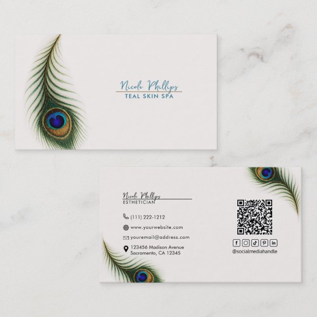 Tarjeta De Visita Crema de plumas de pavo real Boho elegante (Anverso / Reverso)