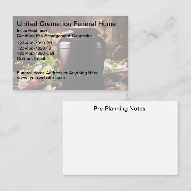 Tarjeta De Visita Cremation Funeral Home Pre-Planning (Anverso / Reverso)