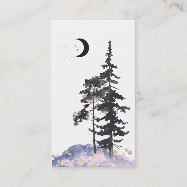 Tarjeta De Visita *~* Crescent Moon Pine Trees Gold Stars Purpurina (Anverso)