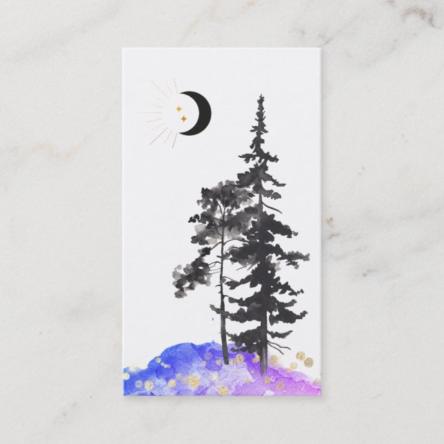 Tarjeta De Visita *~* Crescent Moon Trees Gold Stars Purpurina Azul (Anverso)
