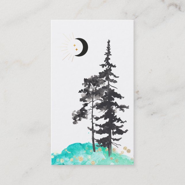 Tarjeta De Visita *~* Crescent Moon Trees Gold Stars Purpurina Mint (Anverso)