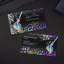 Tarjeta De Visita Criada Chic Moderna Limpiando Casa Holograma Leopa
