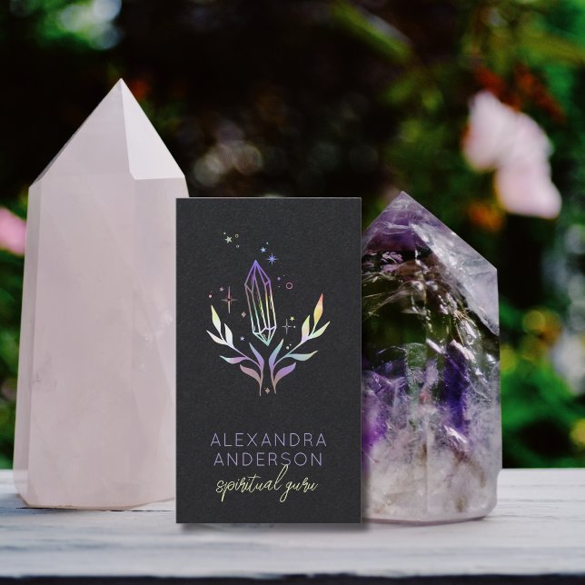 Tarjeta De Visita Cristales espirituales holográficos místicos negro (Black Mystical Holographic Spiritual Crystals Business Card)