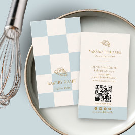 Tarjeta De Visita Croissant de Panadería QR del Café Cuadros Azules