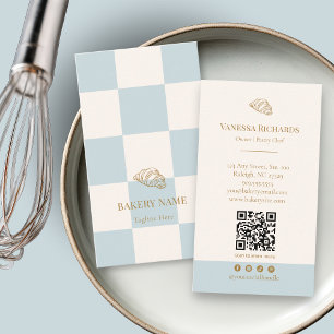 Tarjeta De Visita Croissant de Panadería QR del Café Cuadros Azules 