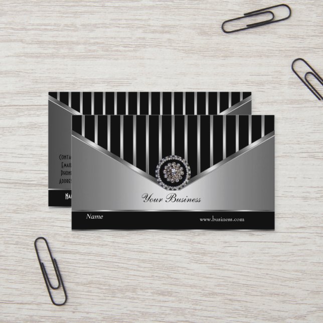 Tarjeta De Visita Crome Silver Black Stripe Elegante Clásico (Anverso/Reverso In Situ)