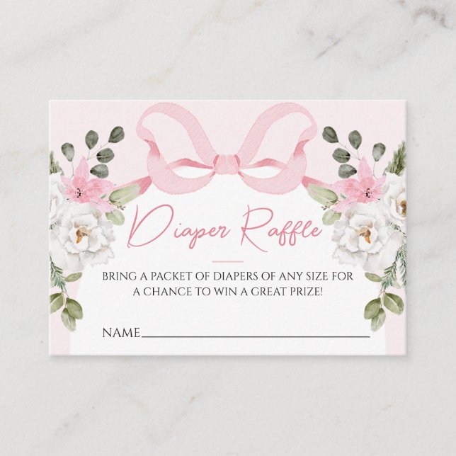 Tarjeta De Visita Croquette Pink Baby Shower Bow Diaper Raffle Card (Anverso)