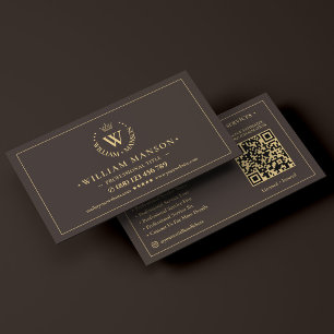 Tarjeta De Visita Crown Inicial Profesional Espresso QR Moderno 