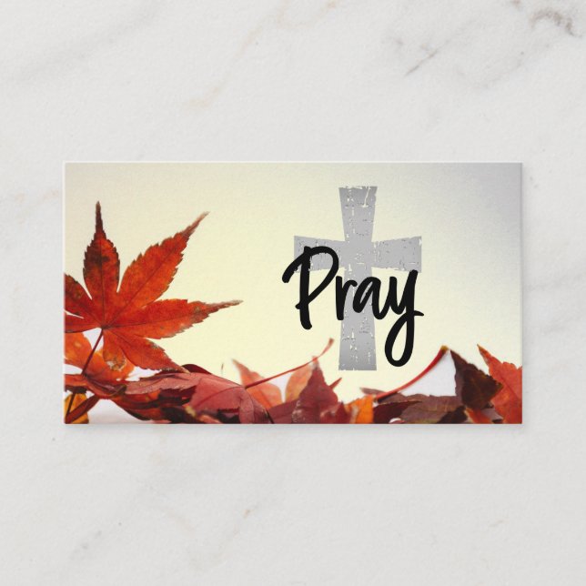 Tarjeta De Visita Cruz cristiana gris, hojas rojas otoñales (Anverso)