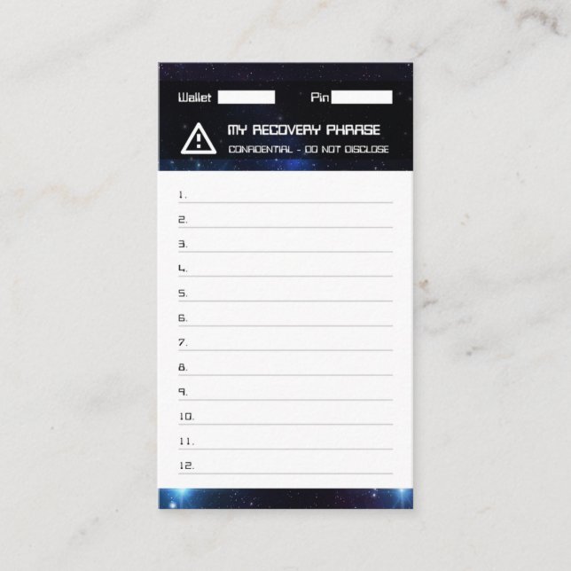 Tarjeta De Visita Crypto Wallet Space Recovery Seed Phrase 12 (Anverso)
