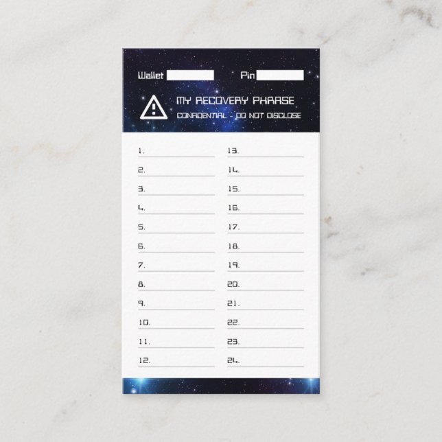 Tarjeta De Visita Crypto Wallet Space Recovery Seed Phrase 24 (Anverso)