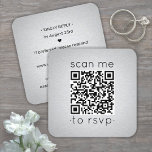 Tarjeta De Visita Cuadrada 100 Pack Código QR RSVP Relieve metalizado platead<br><div class="desc">Simplifique las respuestas RSVP y proporcione cualquier detalle importante con moda de tarjetas de gabinete cuadradas de código QR modernas. Todo el texto es sencillo para el personalizar, incluida la redacción que dice "escanéenme a rsvp". Para crear su propio código QR mediante el generador, simplemente escriba la dirección URL del...</div>
