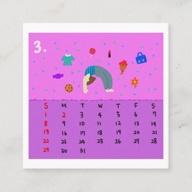 Tarjeta De Visita Cuadrada 2026 Cute Cartoon Yoga Poses Calendar, Health  (Anverso)