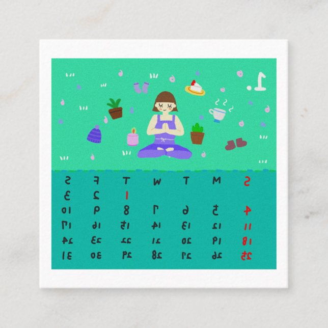 Tarjeta De Visita Cuadrada 2026 Cute Cartoon Yoga Poses Calendar, Health  (Anverso)