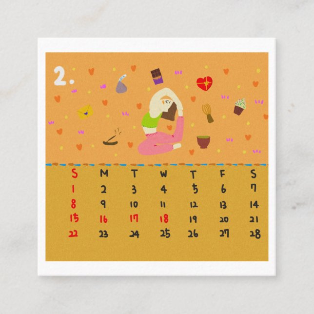 Tarjeta De Visita Cuadrada 2026 Cute Cartoon Yoga Poses Calendar, Health  (Anverso)