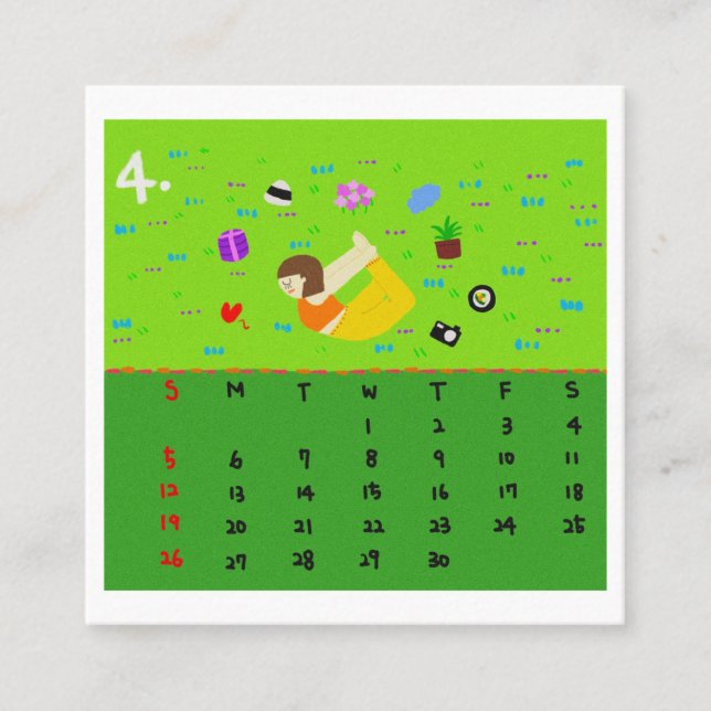 Tarjeta De Visita Cuadrada 2026 Cute Cartoon Yoga Poses Calendar, Health  (Anverso)