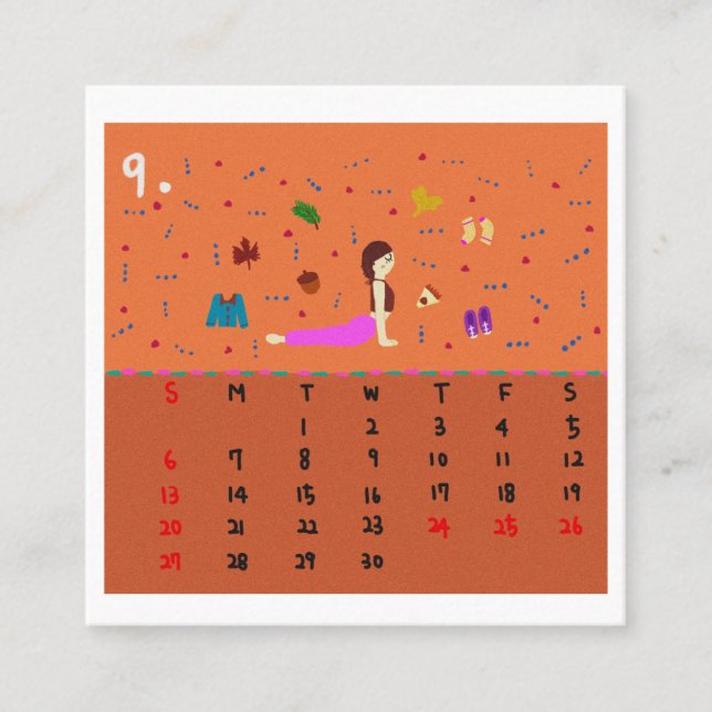 Tarjeta De Visita Cuadrada 2026 Cute Cartoon Yoga Poses Calendar, Health  (Anverso)