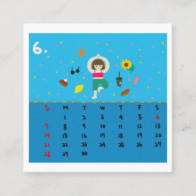 Tarjeta De Visita Cuadrada 2026 Cute Cartoon Yoga Poses Calendar, Health  (Anverso)