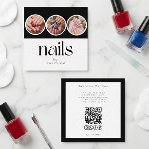 Tarjeta De Visita Cuadrada 3 Uñas Foto Código QR Redes Sociales Negro y Blanc
