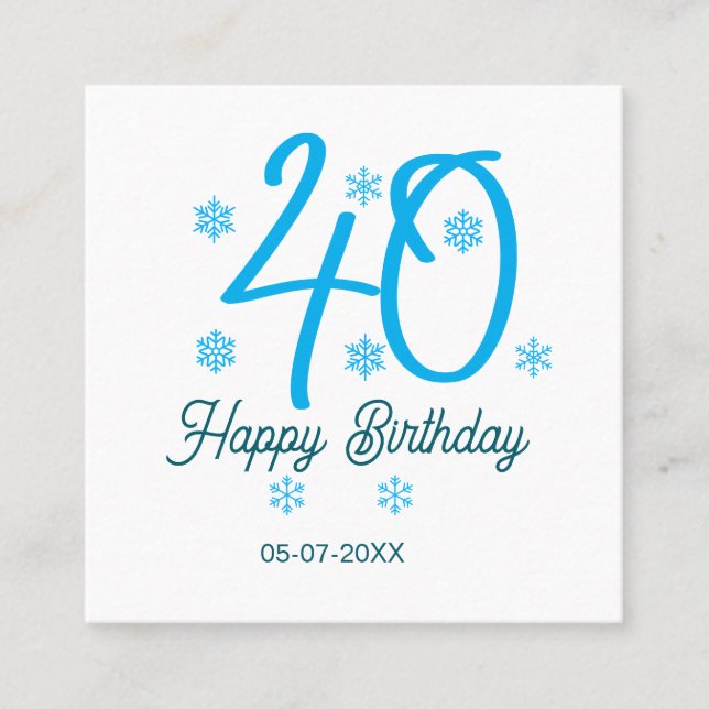 Tarjeta De Visita Cuadrada 40th birthday add name date year blue template (Anverso)