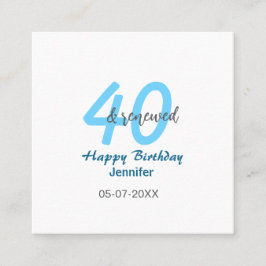 Tarjeta De Visita Cuadrada 40th & renewed birthday name date blue bold number