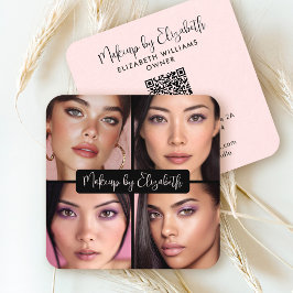 Tarjeta De Visita Cuadrada 4 Foto Maquillaje Rubor Rosa Código QR Negro Scrip