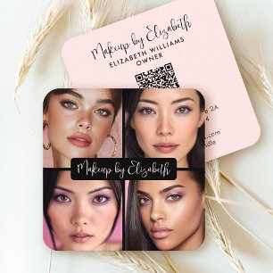 Tarjeta De Visita Cuadrada 4 Foto Maquillaje Rubor Rosa Código QR Negro Scrip