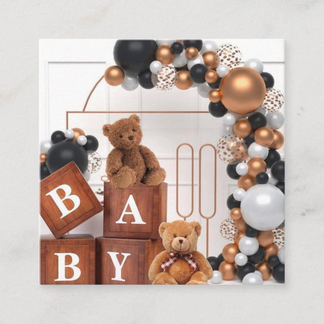 Tarjeta De Visita Cuadrada 4 Wood Grain Baby Shower Boxes, Teddy Bear Baby Sh (Anverso)