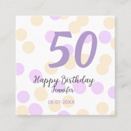 Tarjeta De Visita Cuadrada 50th birthday add name date purple orange polkadot